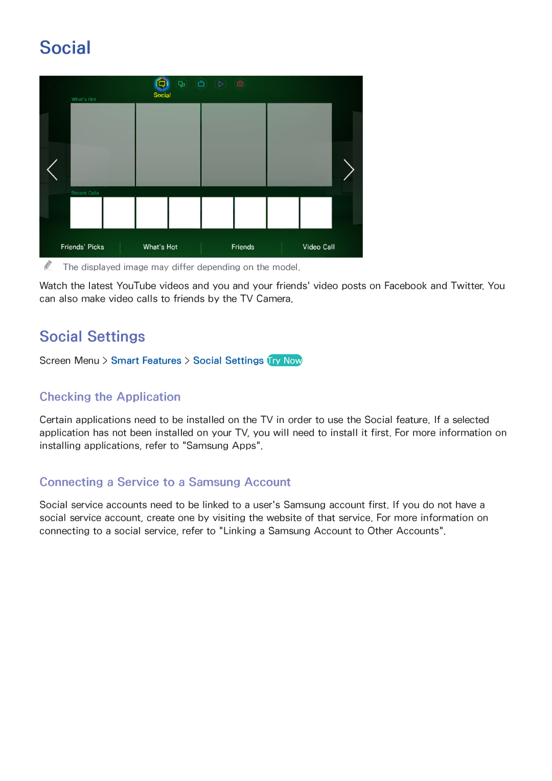 Samsung UN46F8000BF manual Social Settings, Checking the Application, Connecting a Service to a Samsung Account 