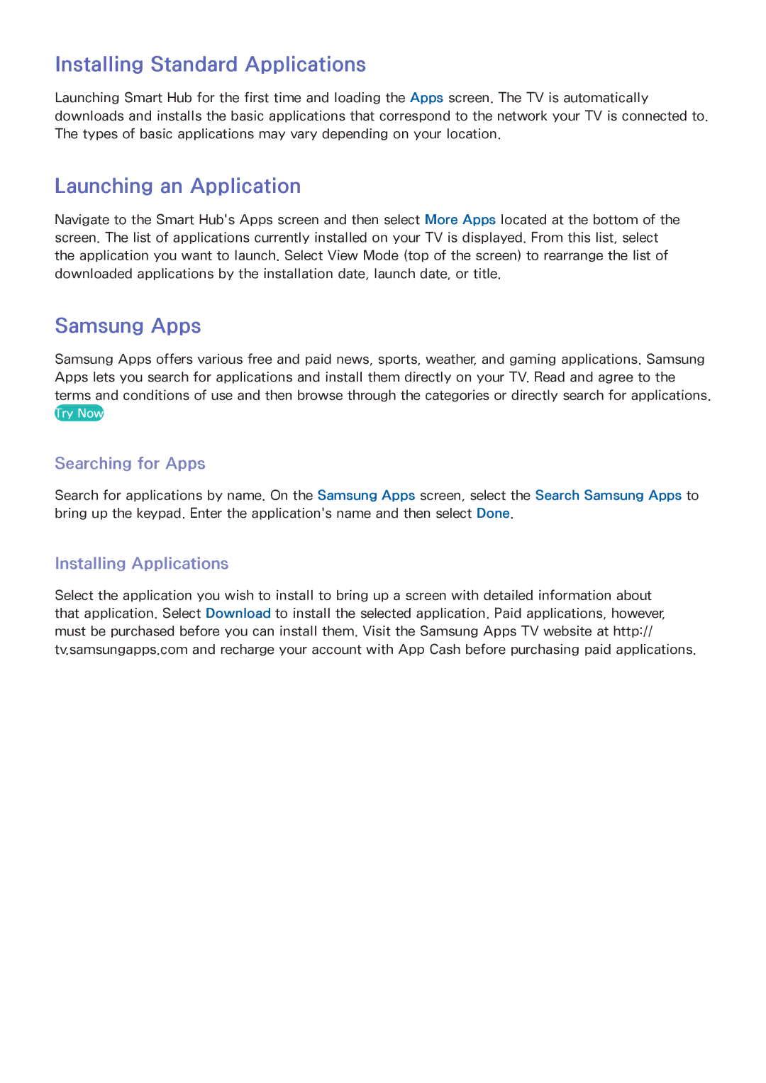 Samsung UN46F8000BF manual Installing Standard Applications, Launching an Application, Samsung Apps, Searching for Apps 