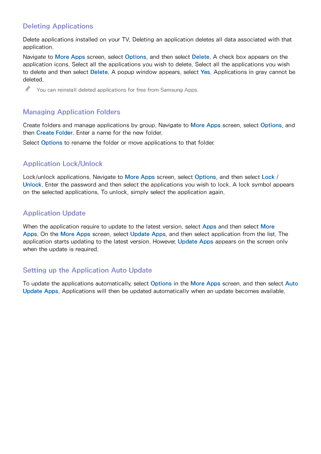 Samsung UN46F8000BF manual Deleting Applications, Managing Application Folders, Application Lock/Unlock, Application Update 