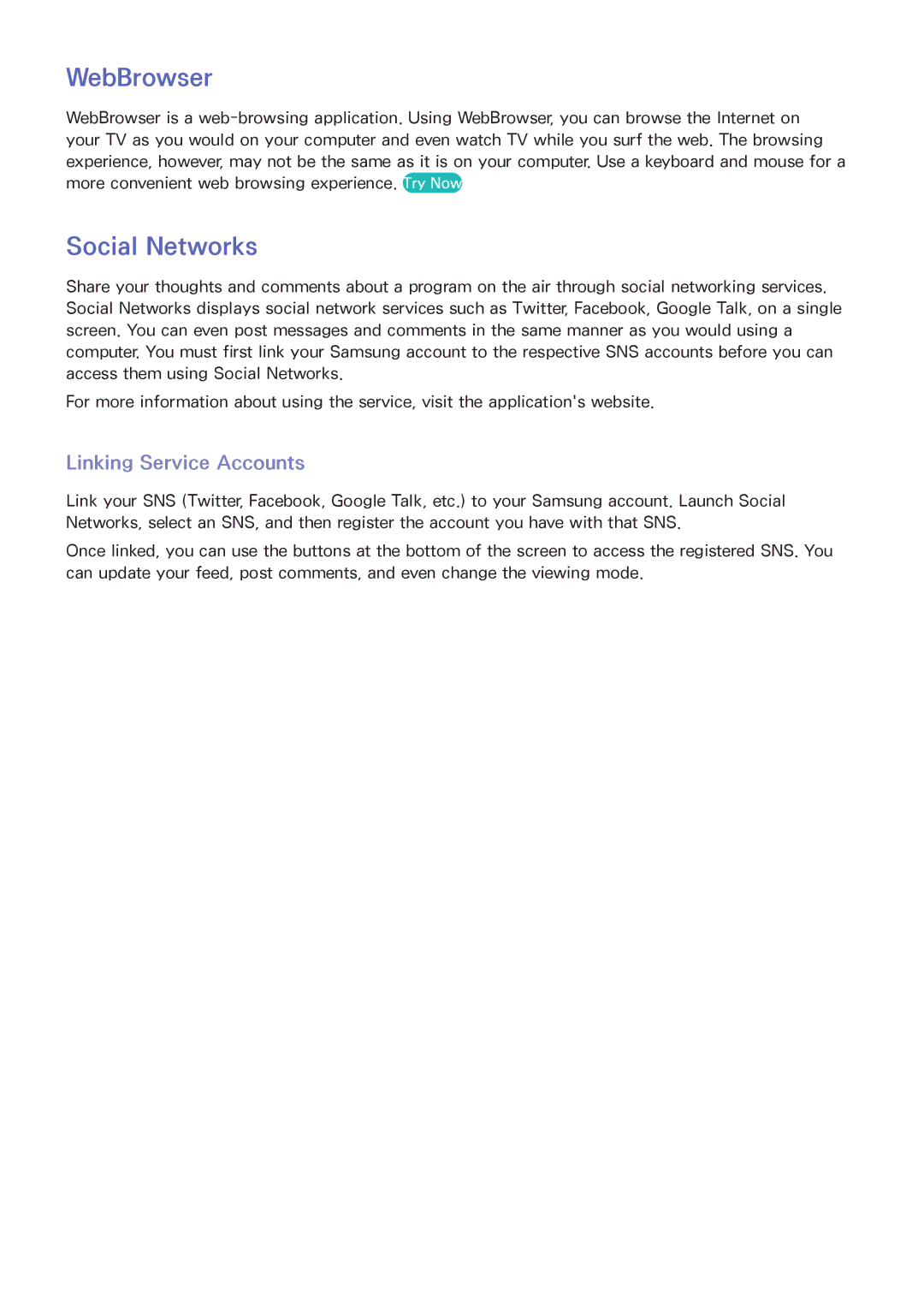 Samsung UN46F8000BF manual WebBrowser, Social Networks, Linking Service Accounts 