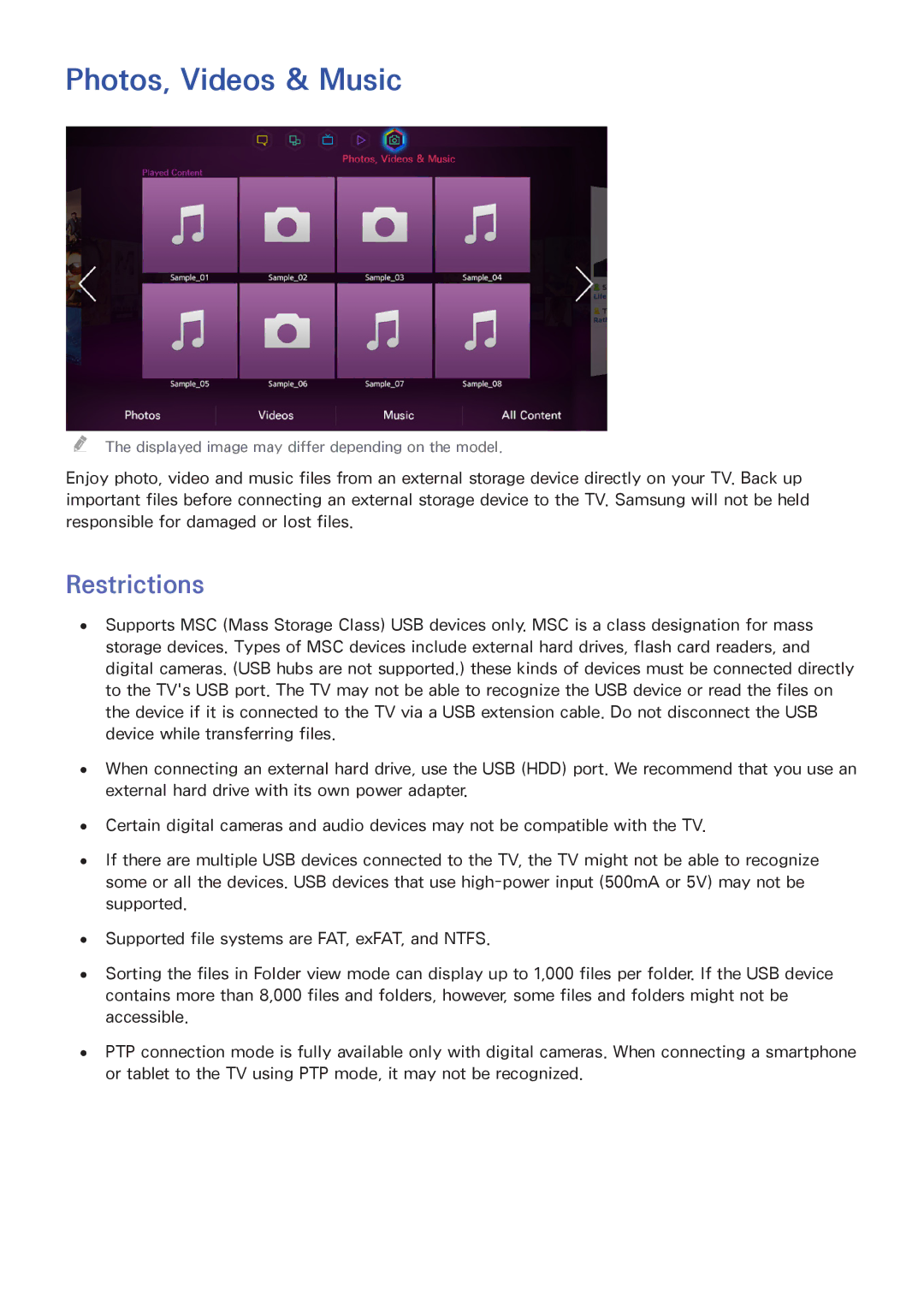 Samsung UN46F8000BF manual Photos, Videos & Music, Restrictions 
