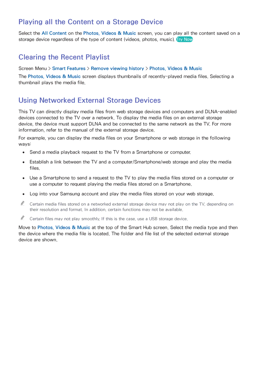 Samsung UN46F8000BF manual Playing all the Content on a Storage Device, Clearing the Recent Playlist 