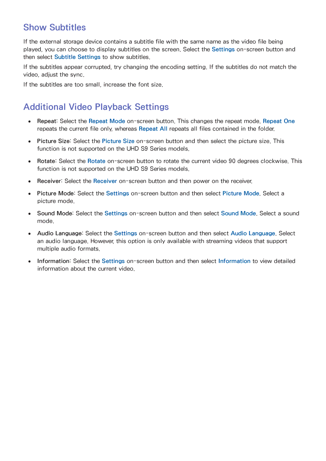 Samsung UN46F8000BF manual Show Subtitles, Additional Video Playback Settings 