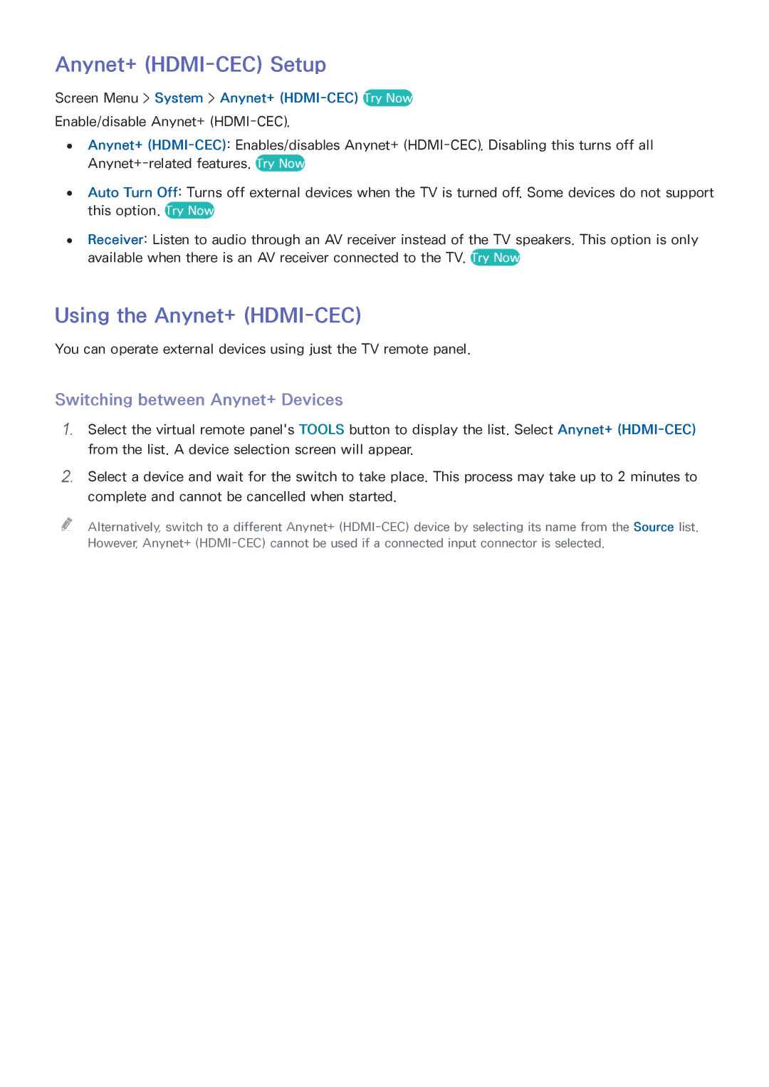 Samsung UN46F8000BF manual Anynet+ HDMI-CEC Setup, Using the Anynet+ HDMI-CEC, Switching between Anynet+ Devices 