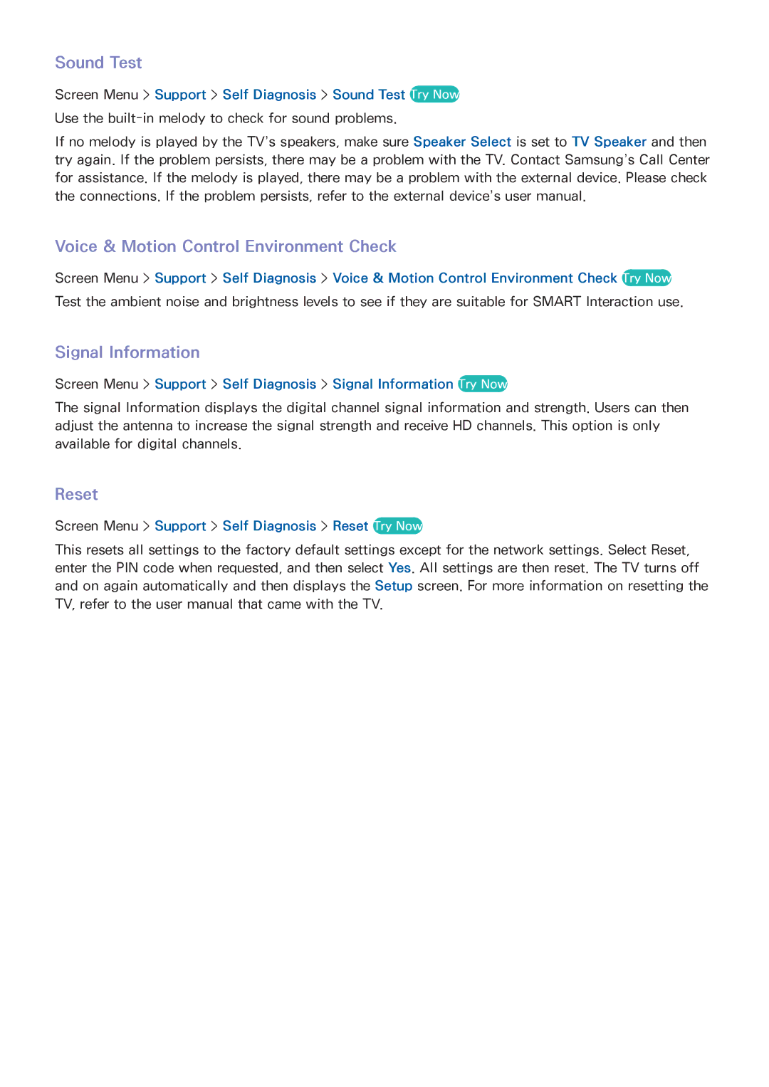 Samsung UN46F8000BF manual Sound Test, Voice & Motion Control Environment Check, Signal Information, Reset 