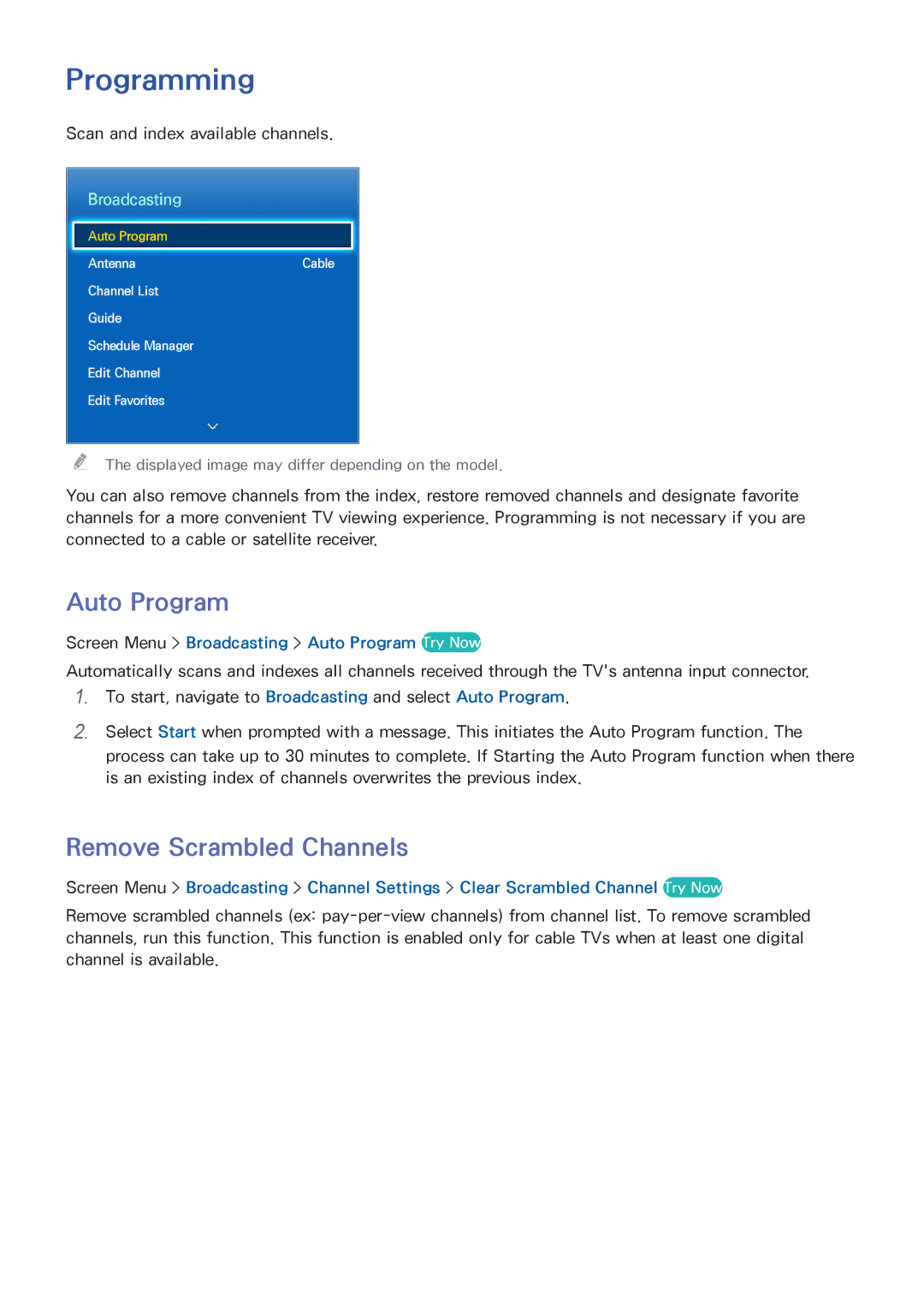 Samsung UN46F8000BF manual Programming, Auto Program, Remove Scrambled Channels, Broadcasting 