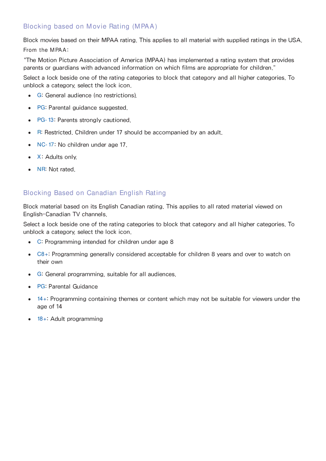 Samsung UN46F8000BF manual Blocking based on Movie Rating Mpaa, Blocking Based on Canadian English Rating 