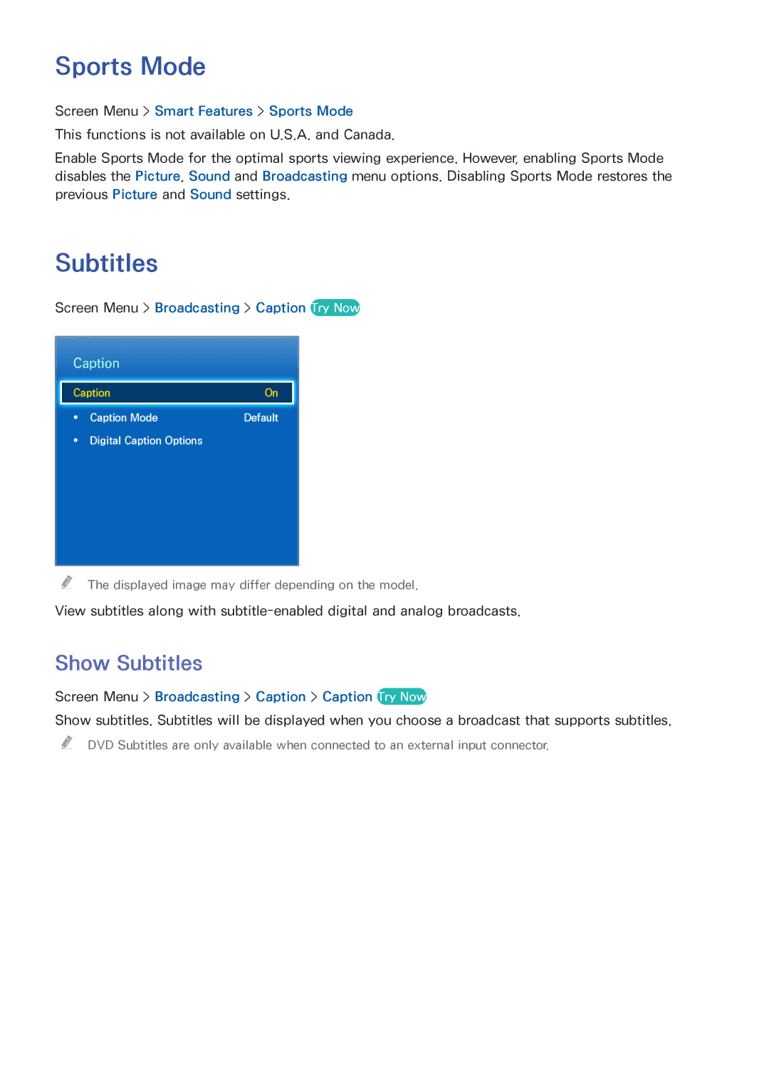 Samsung UN46F8000BF manual Sports Mode, Show Subtitles 