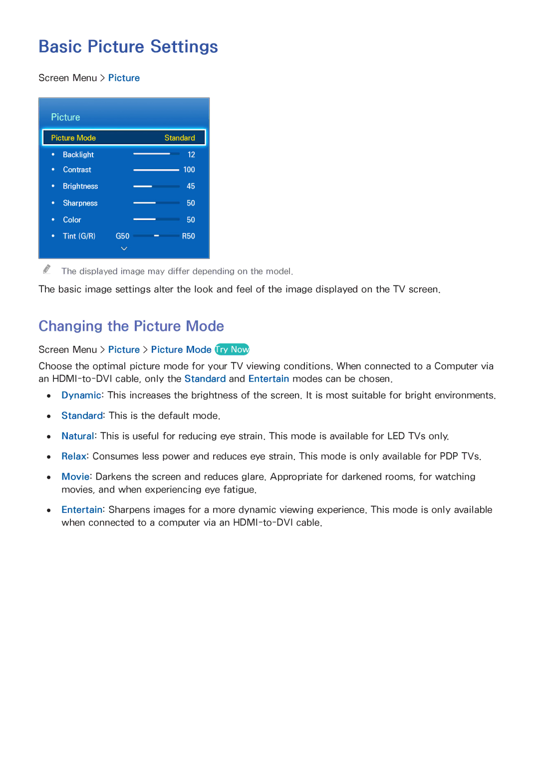 Samsung UN46F8000BF manual Basic Picture Settings, Changing the Picture Mode, Screen Menu Picture Picture Mode Try Now 