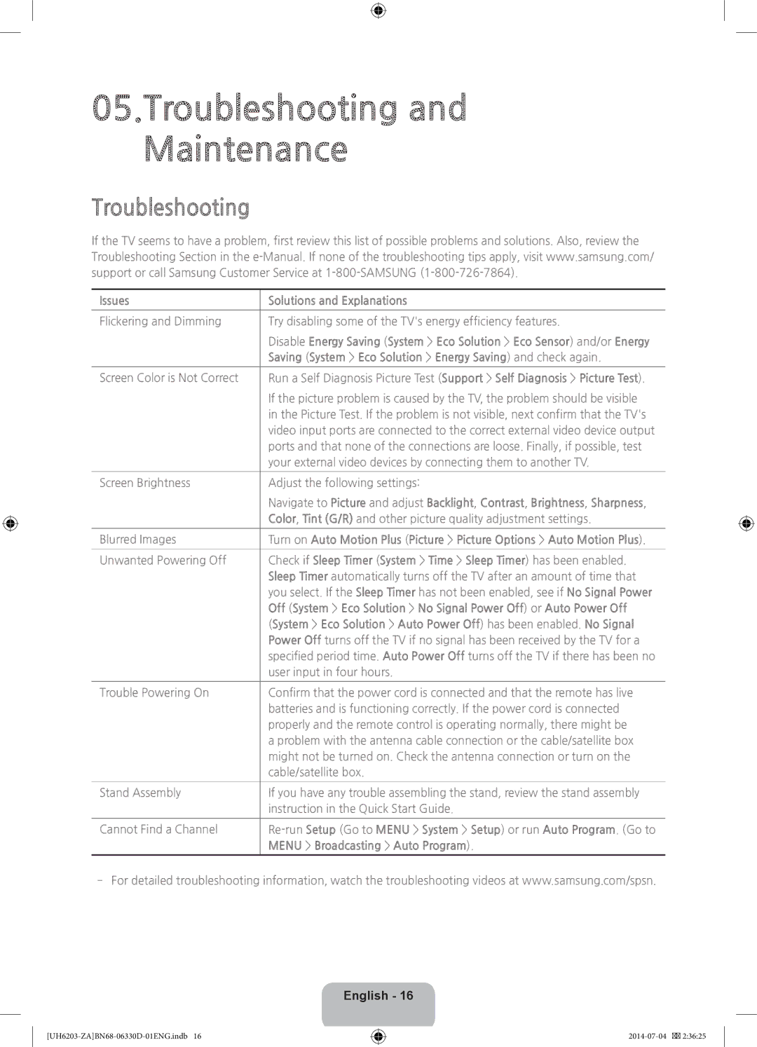 Samsung UN46H5203 Troubleshooting and Maintenance, Issues Solutions and Explanations, Menu Broadcasting Auto Program 