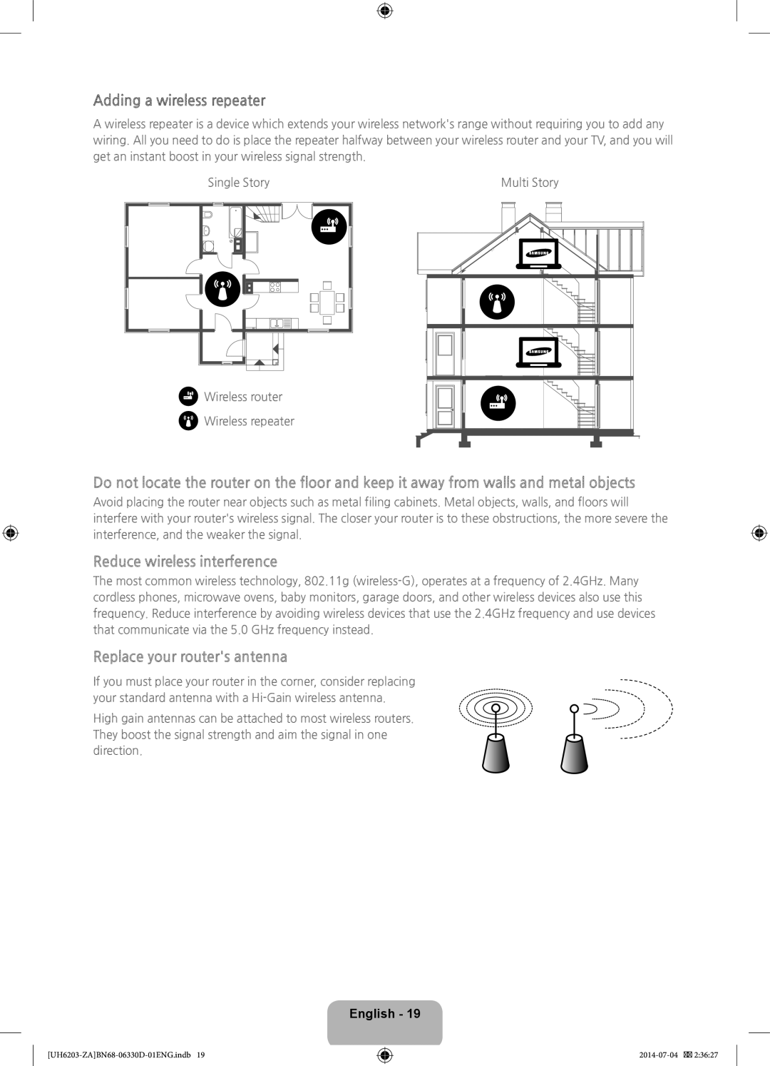 Samsung UN46H5203 user manual Adding a wireless repeater, Reduce wireless interference 