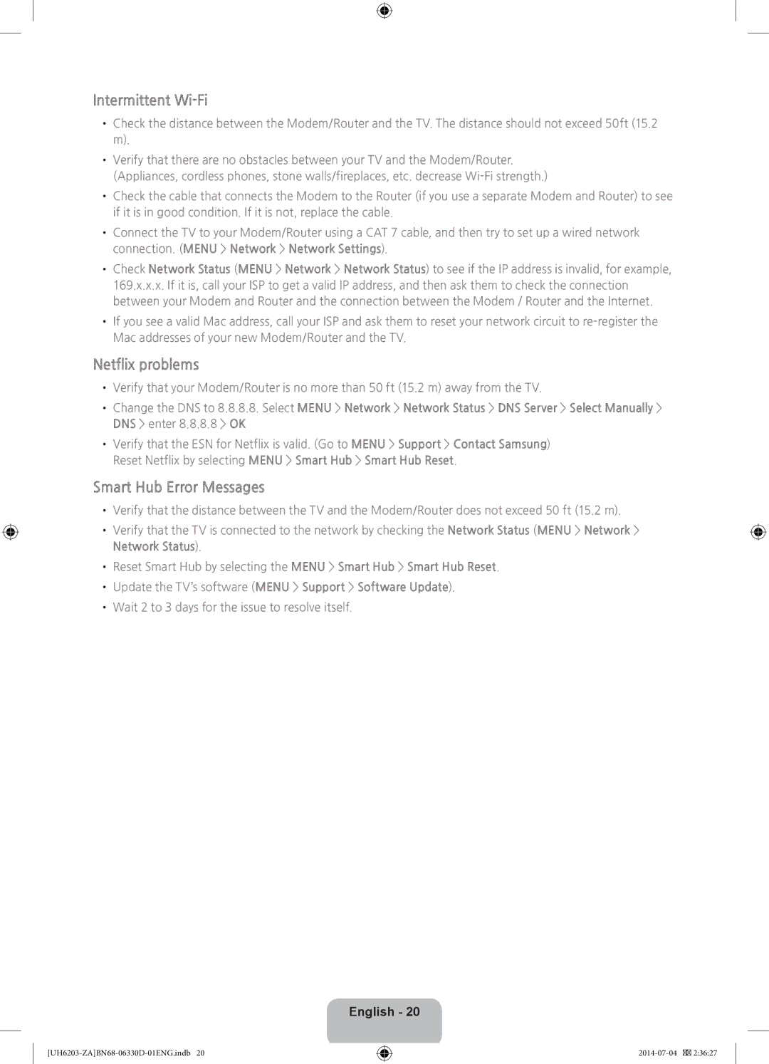 Samsung UN46H5203 user manual Intermittent Wi-Fi, Netflix problems, Smart Hub Error Messages, Network Status 
