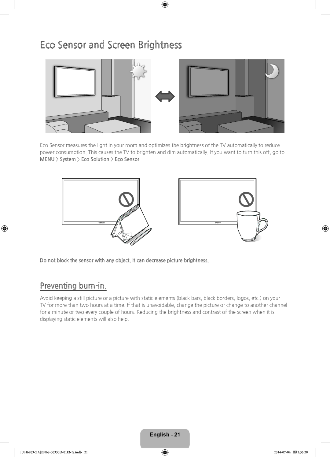 Samsung UN46H5203 user manual Eco Sensor and Screen Brightness, Preventing burn-in 