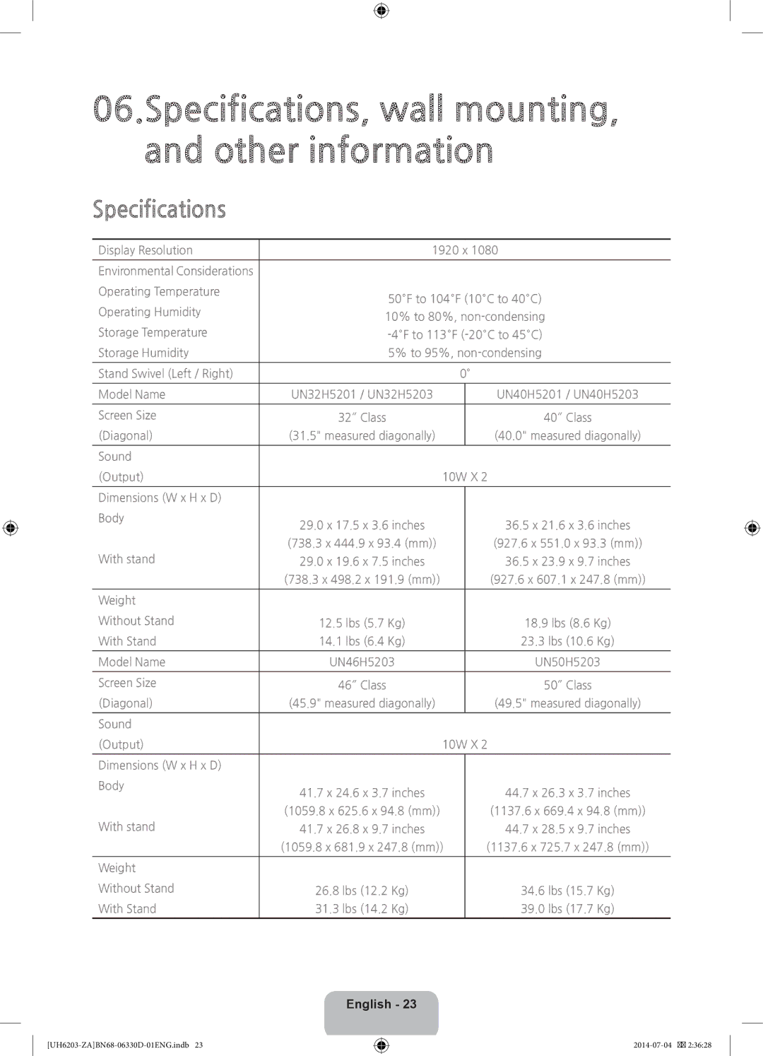 Samsung UN46H5203 user manual Specifications, wall mounting, and other information 