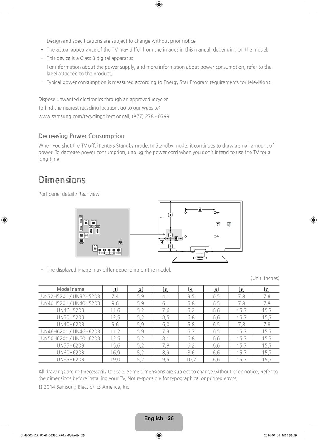 Samsung UN46H5203 user manual Dimensions, Decreasing Power Consumption, Model name 