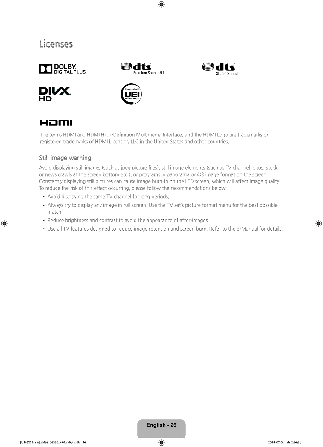 Samsung UN46H5203 user manual Licenses, Still image warning 