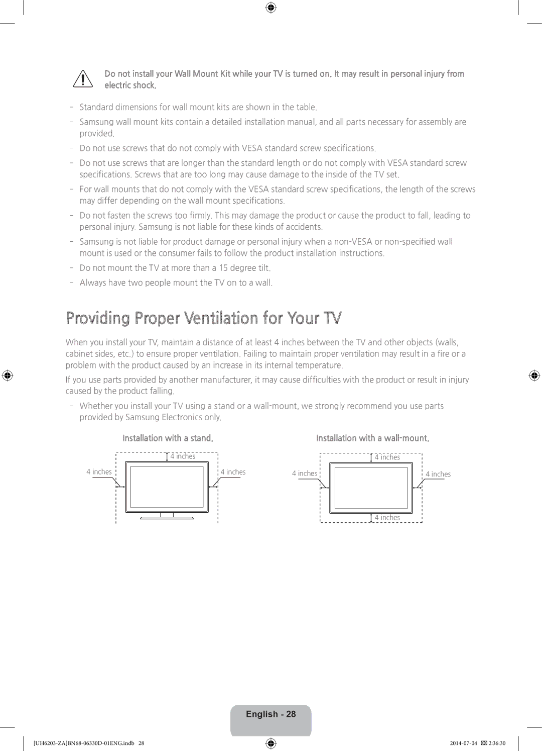 Samsung UN46H5203 user manual Providing Proper Ventilation for Your TV, Installation with a stand 