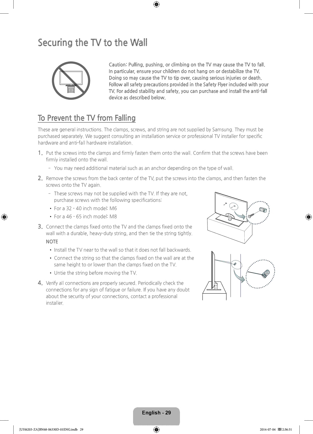 Samsung UN46H5203 user manual Securing the TV to the Wall, To Prevent the TV from Falling 