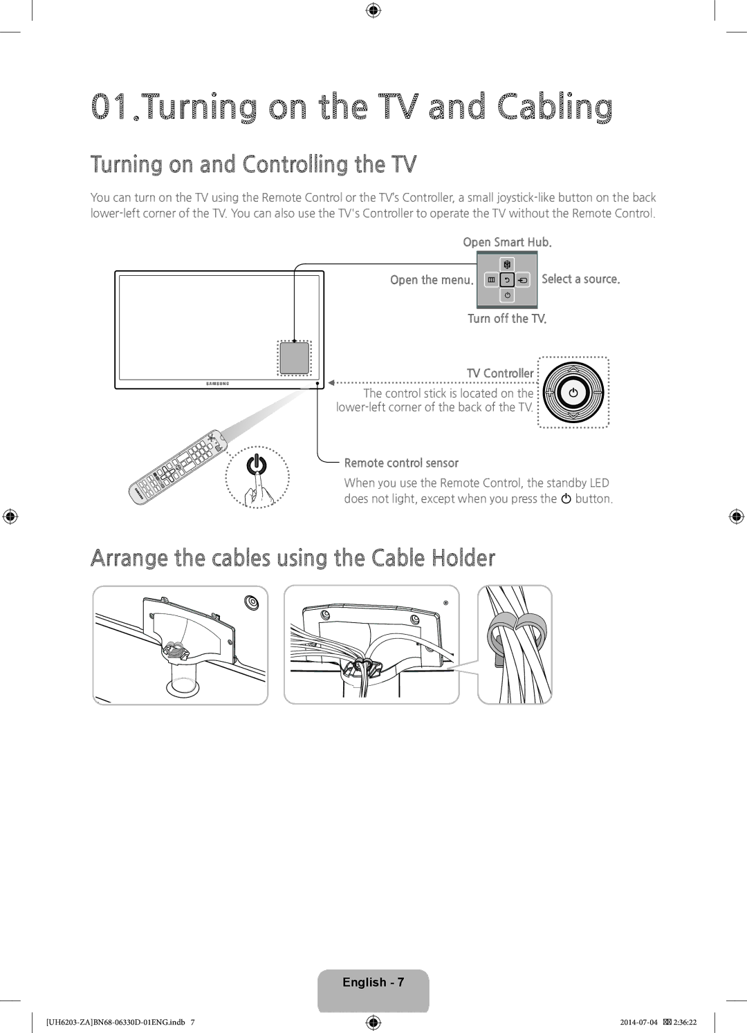 Samsung UN46H5203 user manual Turning on the TV and Cabling, Turning on and Controlling the TV 