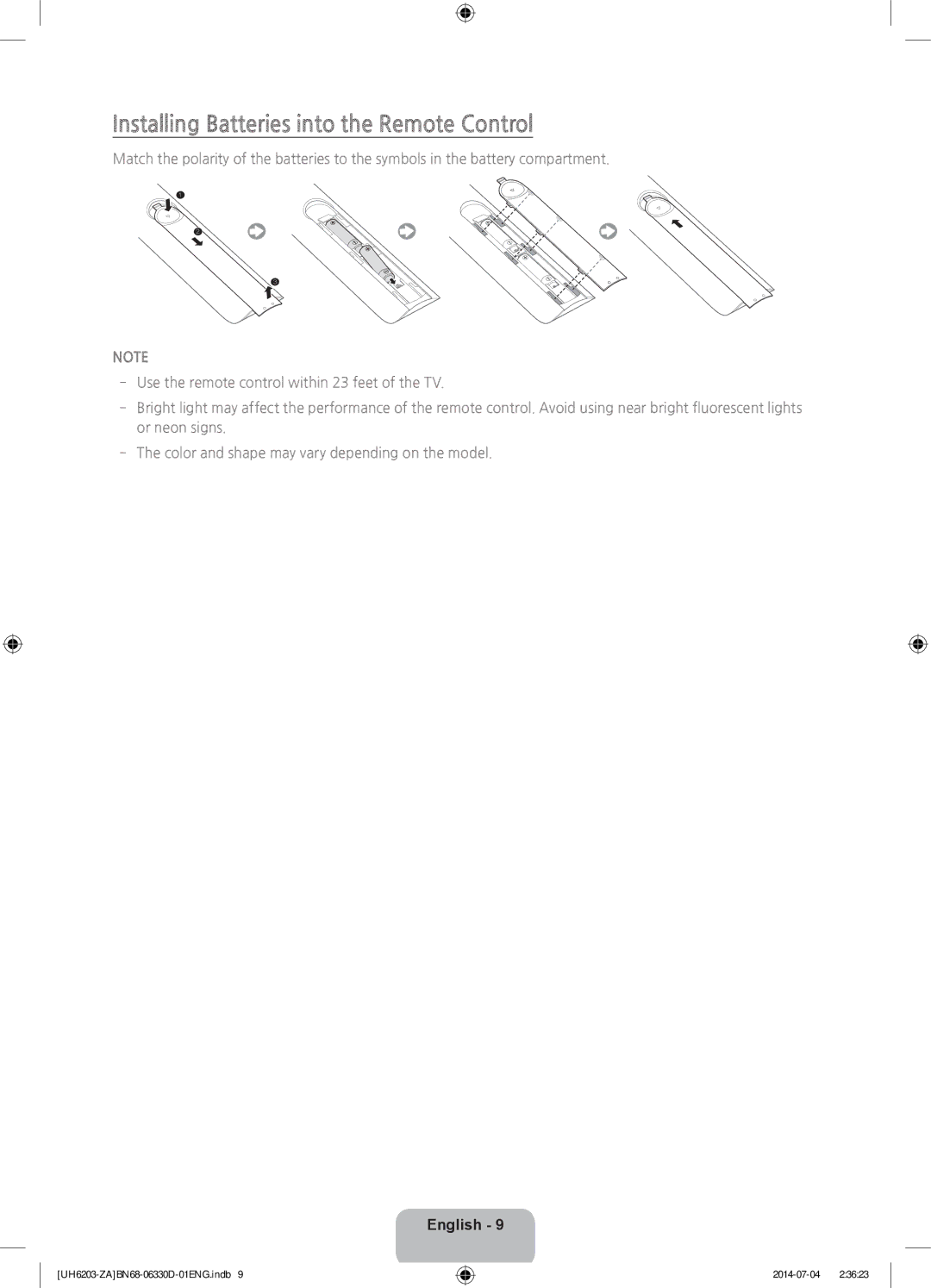 Samsung UN46H5203 user manual Installing Batteries into the Remote Control 