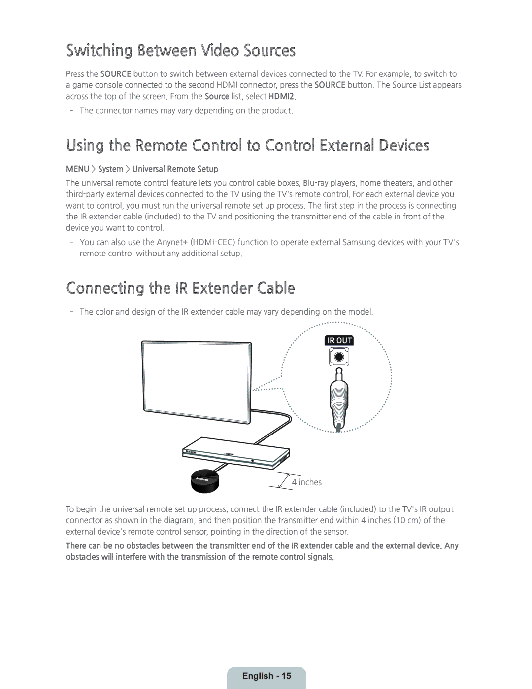 Samsung UN46H7150 manual Switching Between Video Sources, Using the Remote Control to Control External Devices 