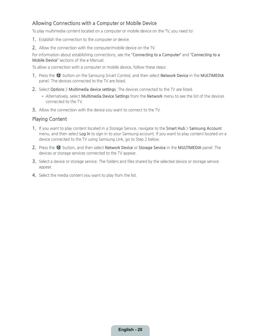 Samsung UN46H7150 manual Allowing Connections with a Computer or Mobile Device, Playing Content 