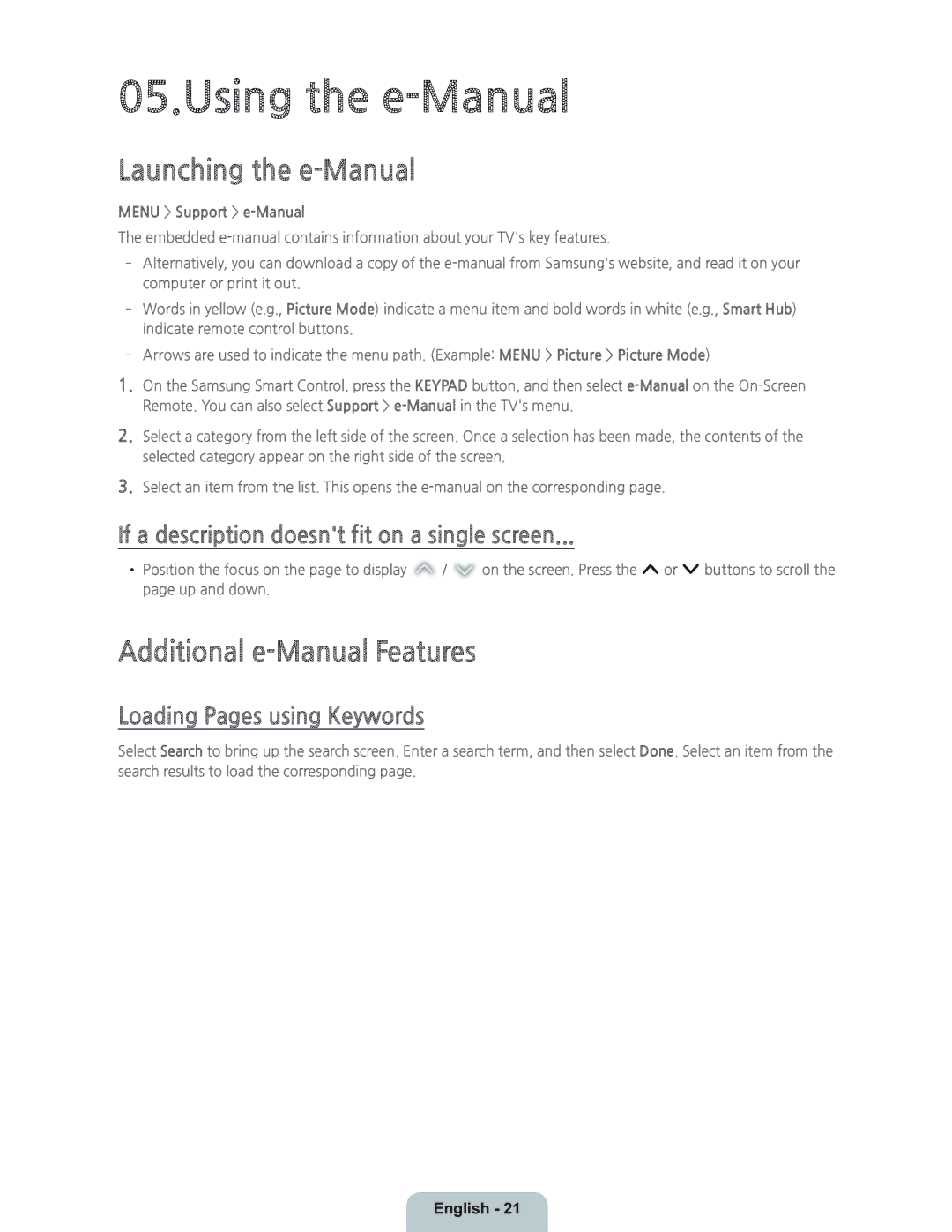 Samsung UN46H7150 Using the e-Manual, Launching the e-Manual, Additional e-Manual Features, Loading Pages using Keywords 