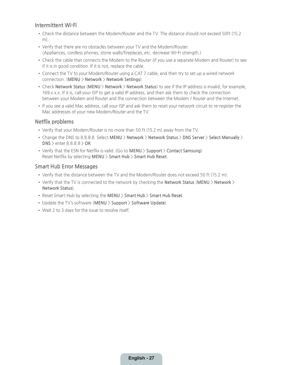 Samsung UN46H7150 manual Intermittent Wi-Fi, Netflix problems, Smart Hub Error Messages 