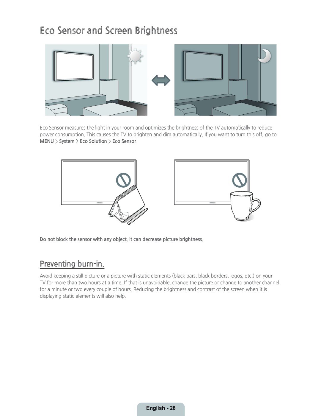 Samsung UN46H7150 manual Eco Sensor and Screen Brightness, Preventing burn-in 