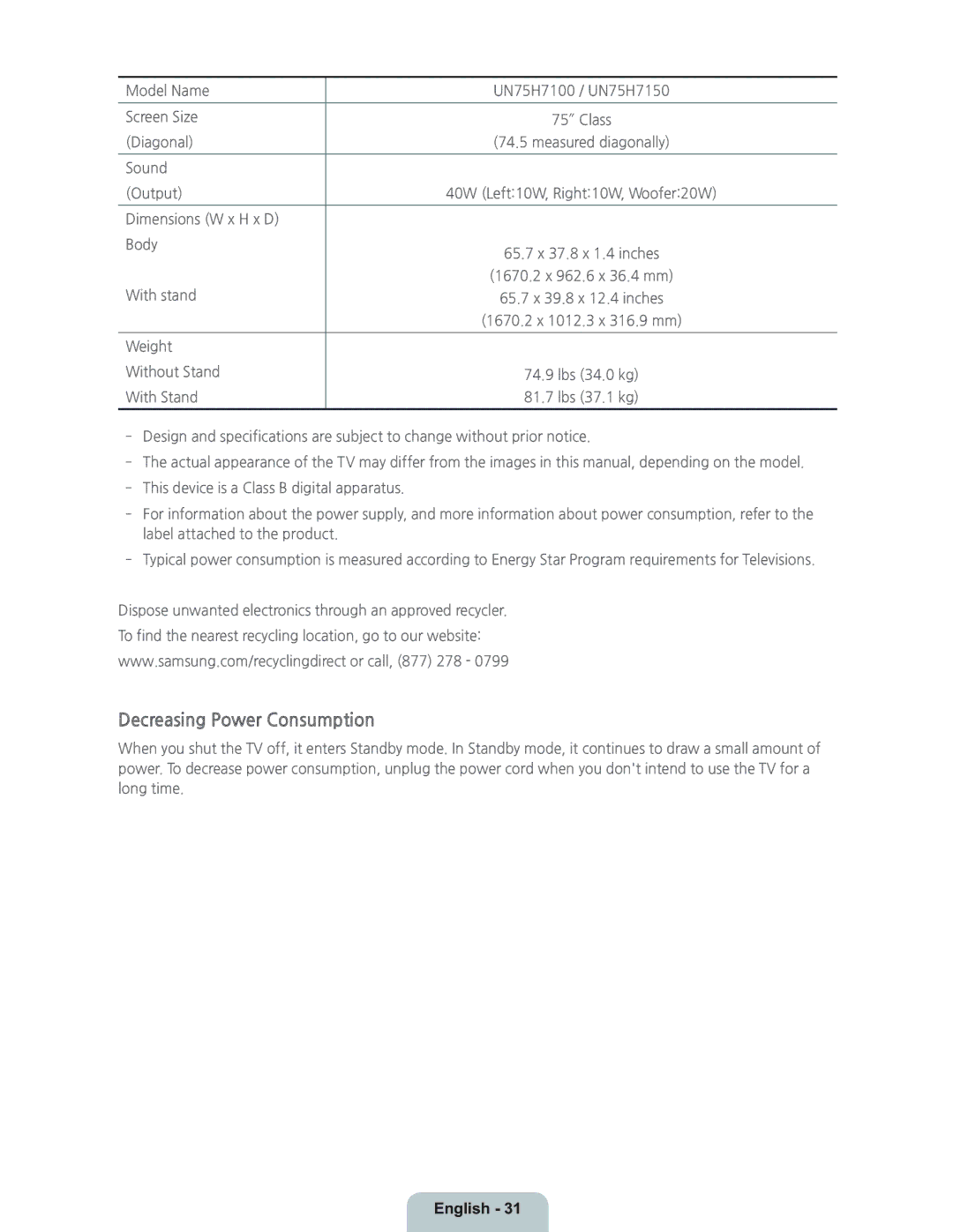 Samsung UN46H7150 manual Decreasing Power Consumption 