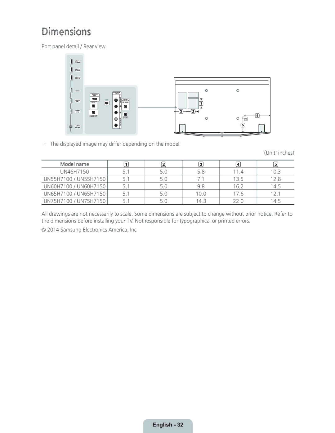 Samsung UN46H7150 manual Dimensions, Model name 