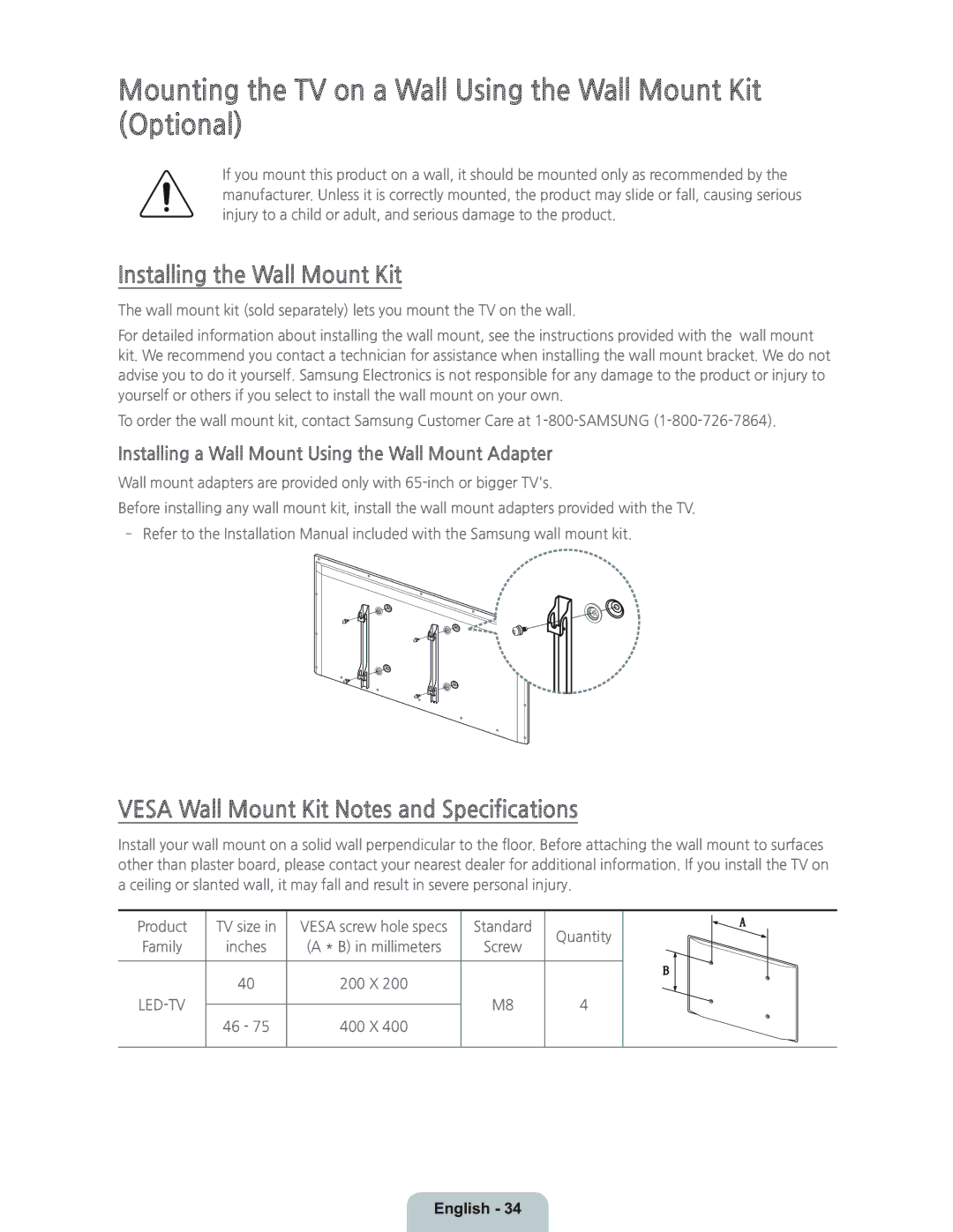 Samsung UN46H7150 manual Mounting the TV on a Wall Using the Wall Mount Kit Optional, Installing the Wall Mount Kit 