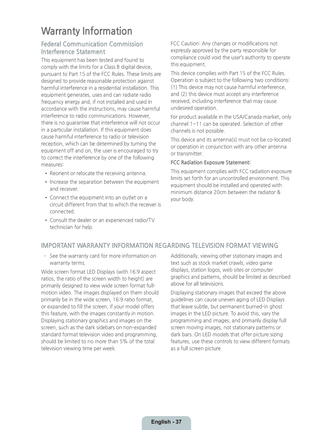 Samsung UN46H7150 manual Warranty Information, FCC Radiation Exposure Statement 