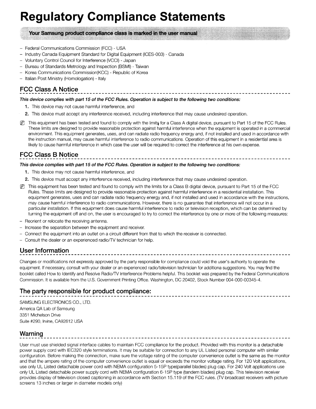 Samsung UN46H7150 manual Regulatory Compliance Statements 