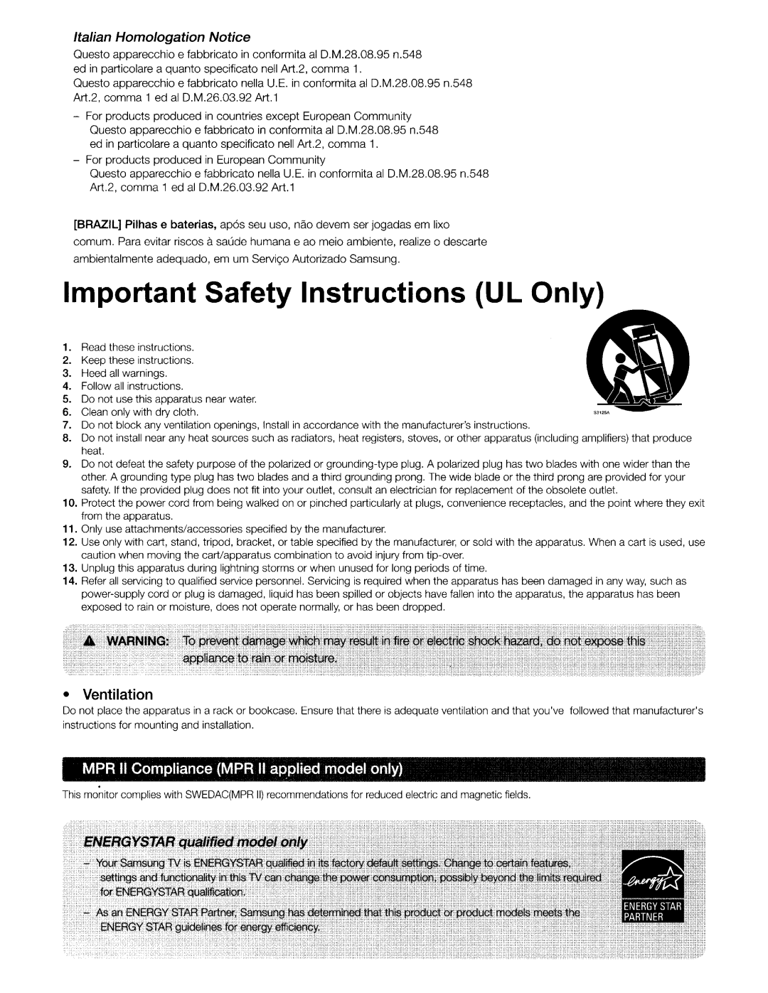 Samsung UN46H7150 manual Important Safety Instructions UL Only 