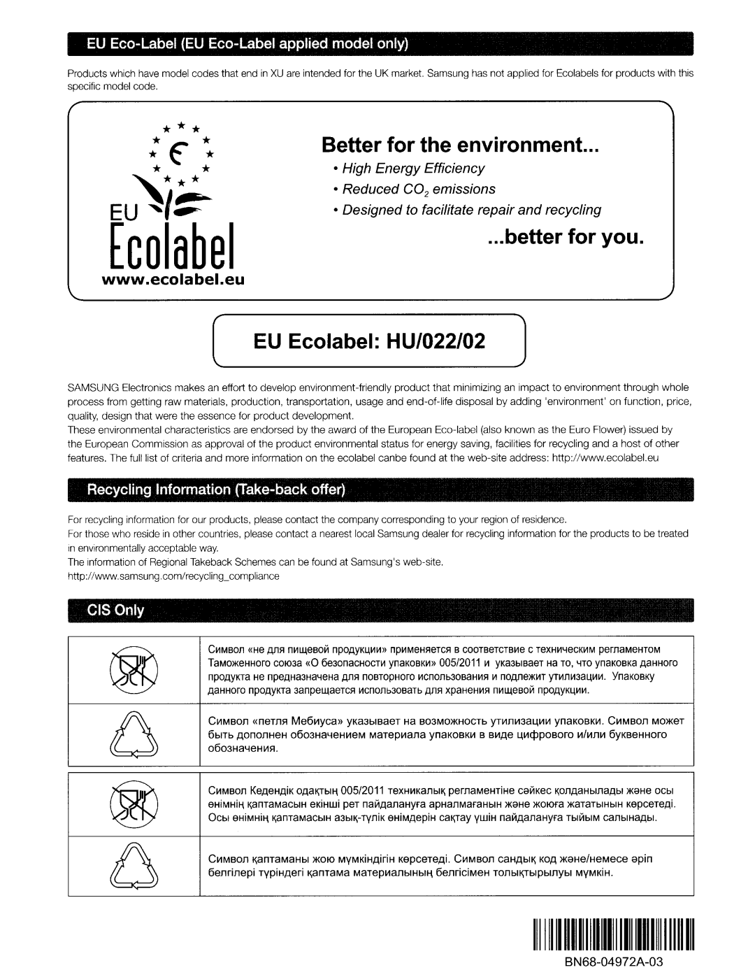 Samsung UN46H7150 manual Ecolabel 