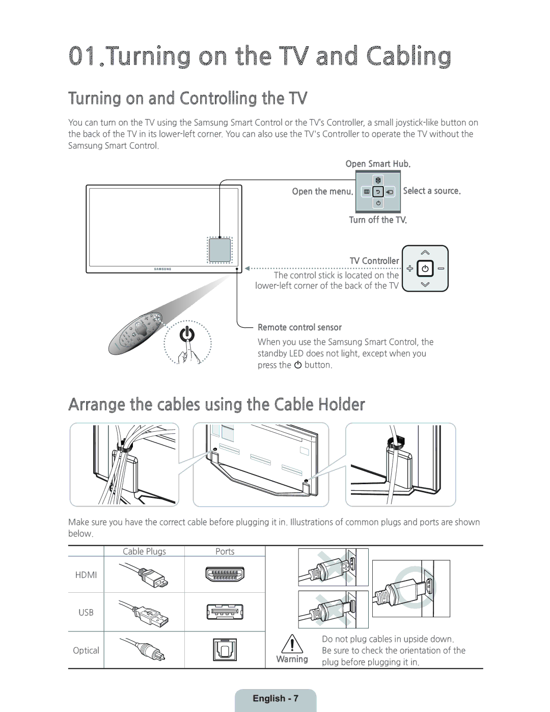 Samsung UN46H7150 manual Turning on the TV and Cabling, Turning on and Controlling the TV, Remote control sensor 