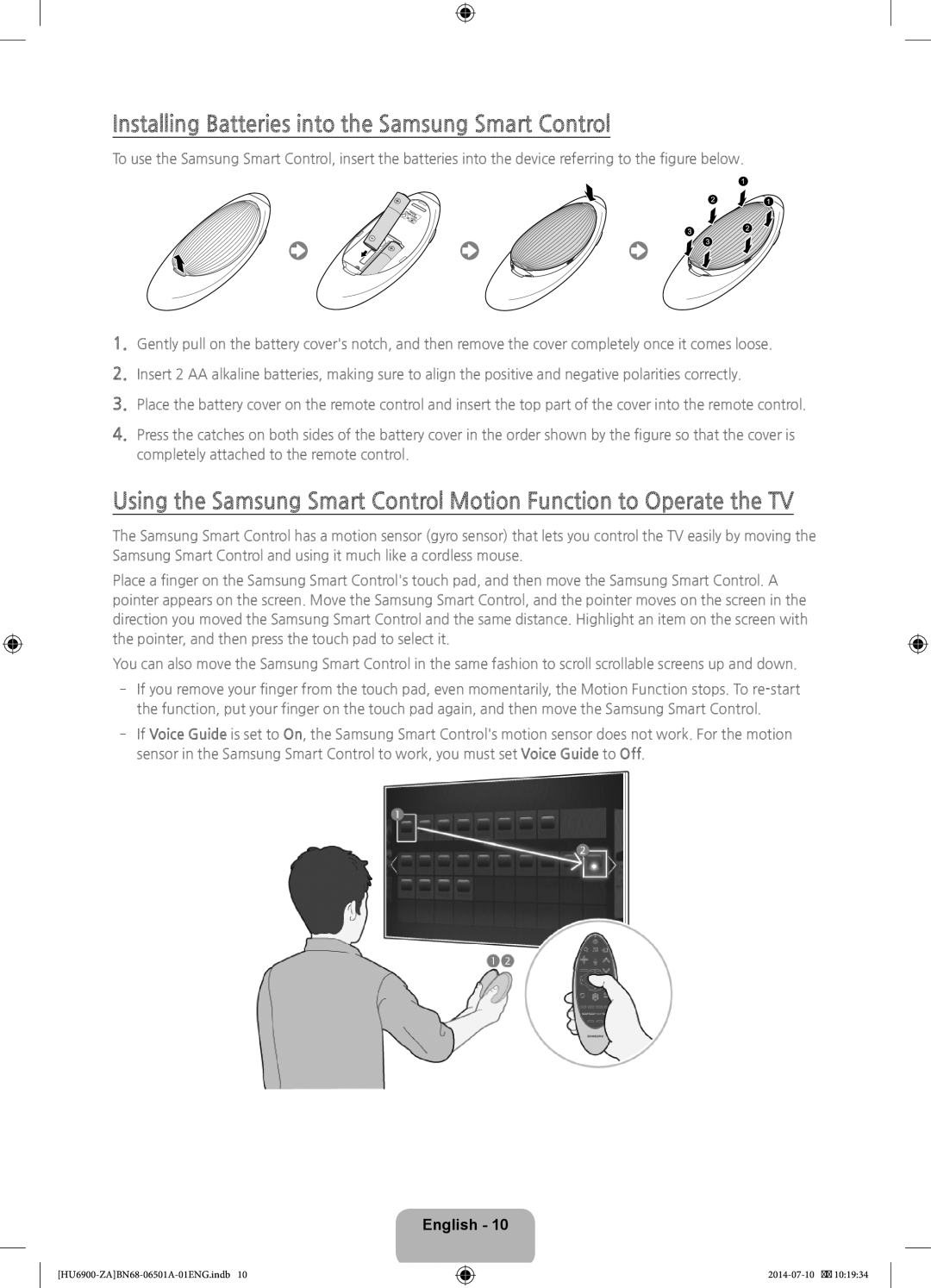 Samsung UN50HU6950, UN40HU6950 user manual Installing Batteries into the Samsung Smart Control 