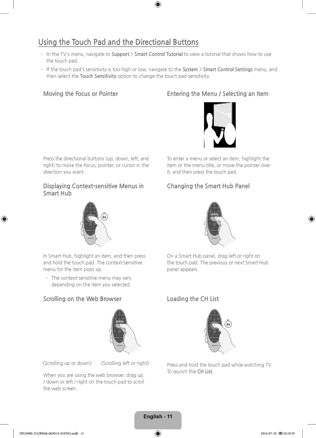 Samsung UN40HU6950, UN50HU6950 Using the Touch Pad and the Directional Buttons, Moving the Focus or Pointer, Smart Hub 