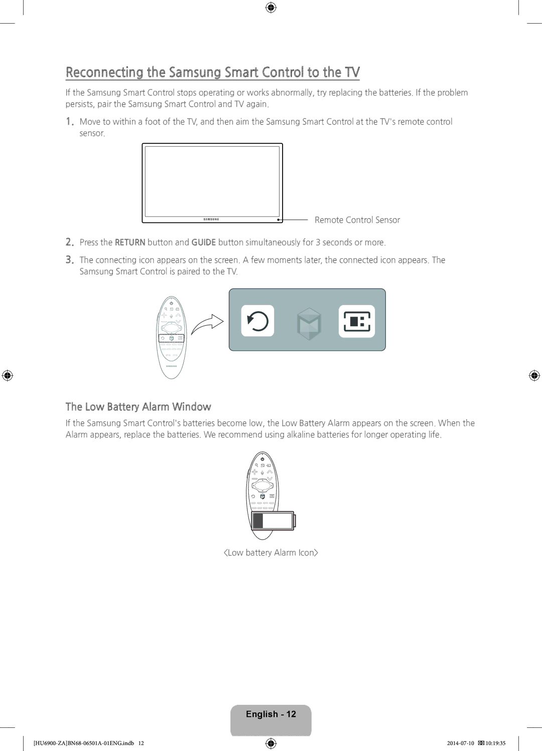 Samsung UN50HU6950, UN40HU6950 user manual Reconnecting the Samsung Smart Control to the TV, Low Battery Alarm Window 