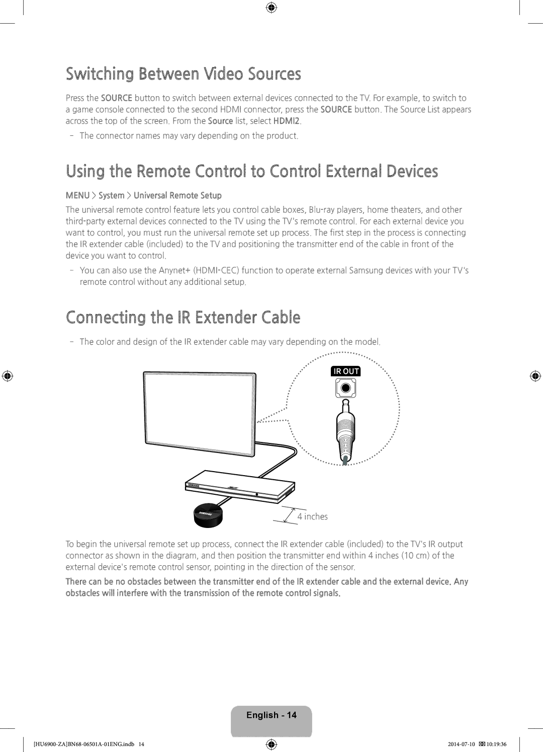 Samsung UN50HU6950, UN40HU6950 Switching Between Video Sources, Using the Remote Control to Control External Devices 