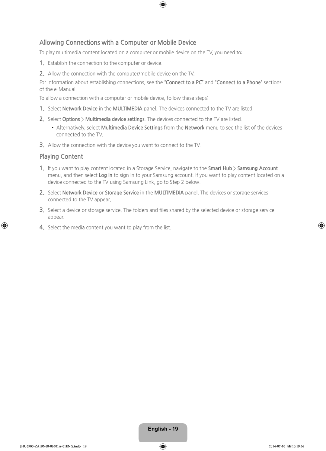 Samsung UN40HU6950, UN50HU6950 user manual Allowing Connections with a Computer or Mobile Device, Playing Content 