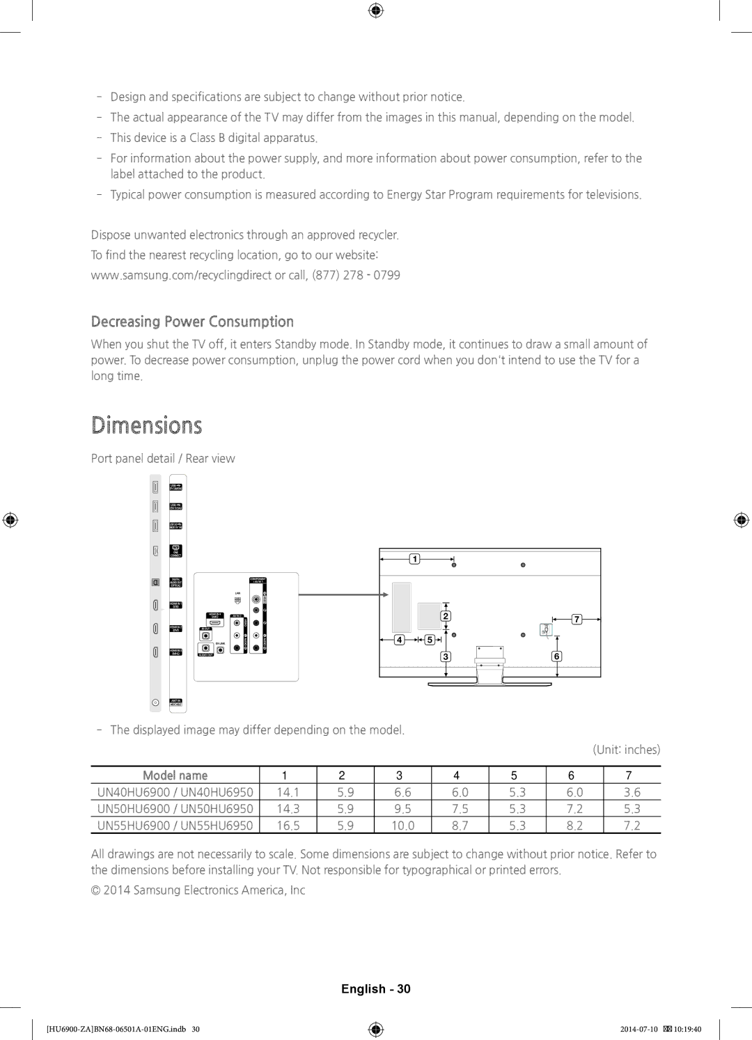 Samsung UN50HU6950, UN40HU6950 user manual Dimensions, Decreasing Power Consumption 