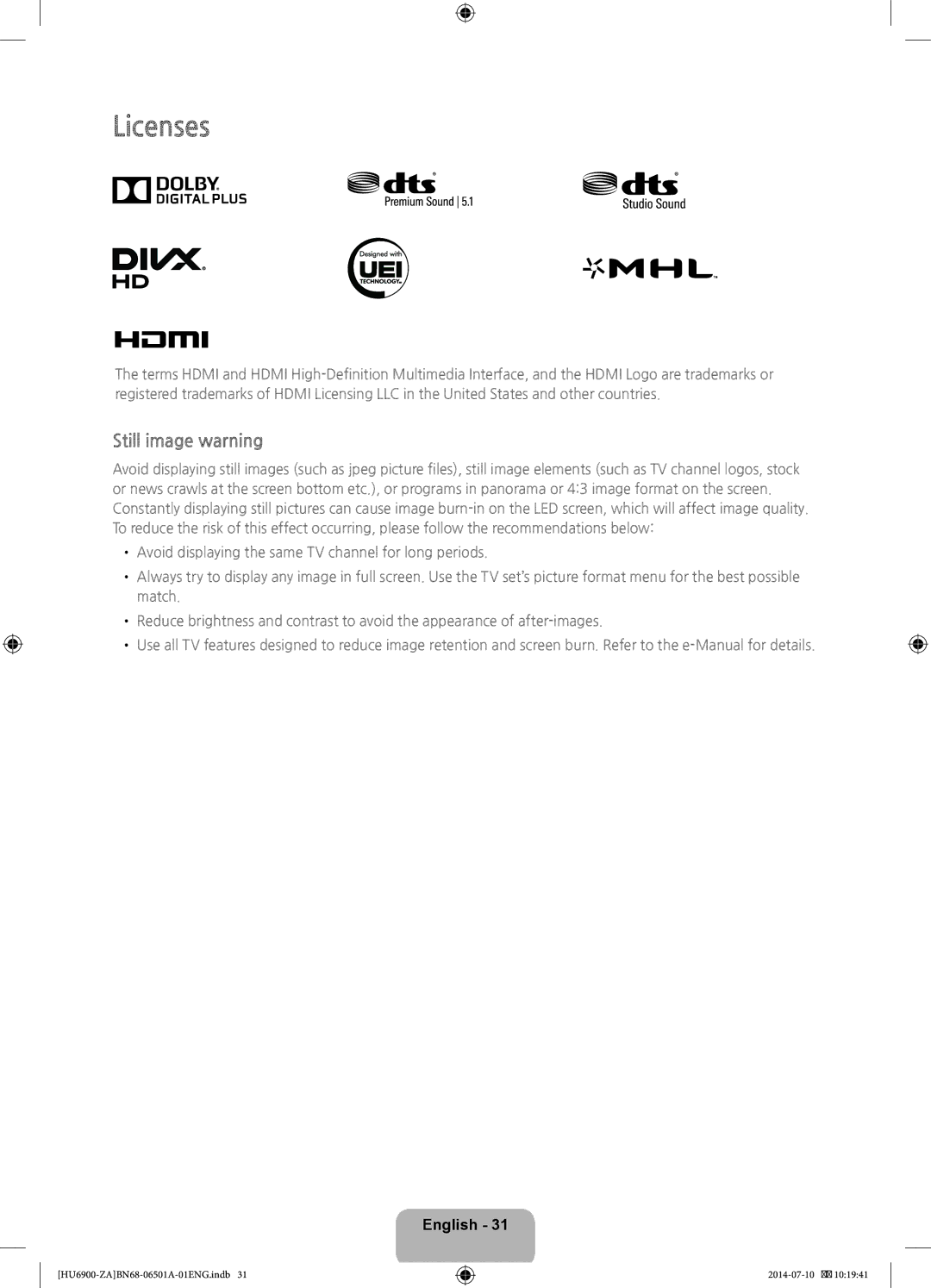 Samsung UN40HU6950, UN50HU6950 user manual Licenses, Still image warning 