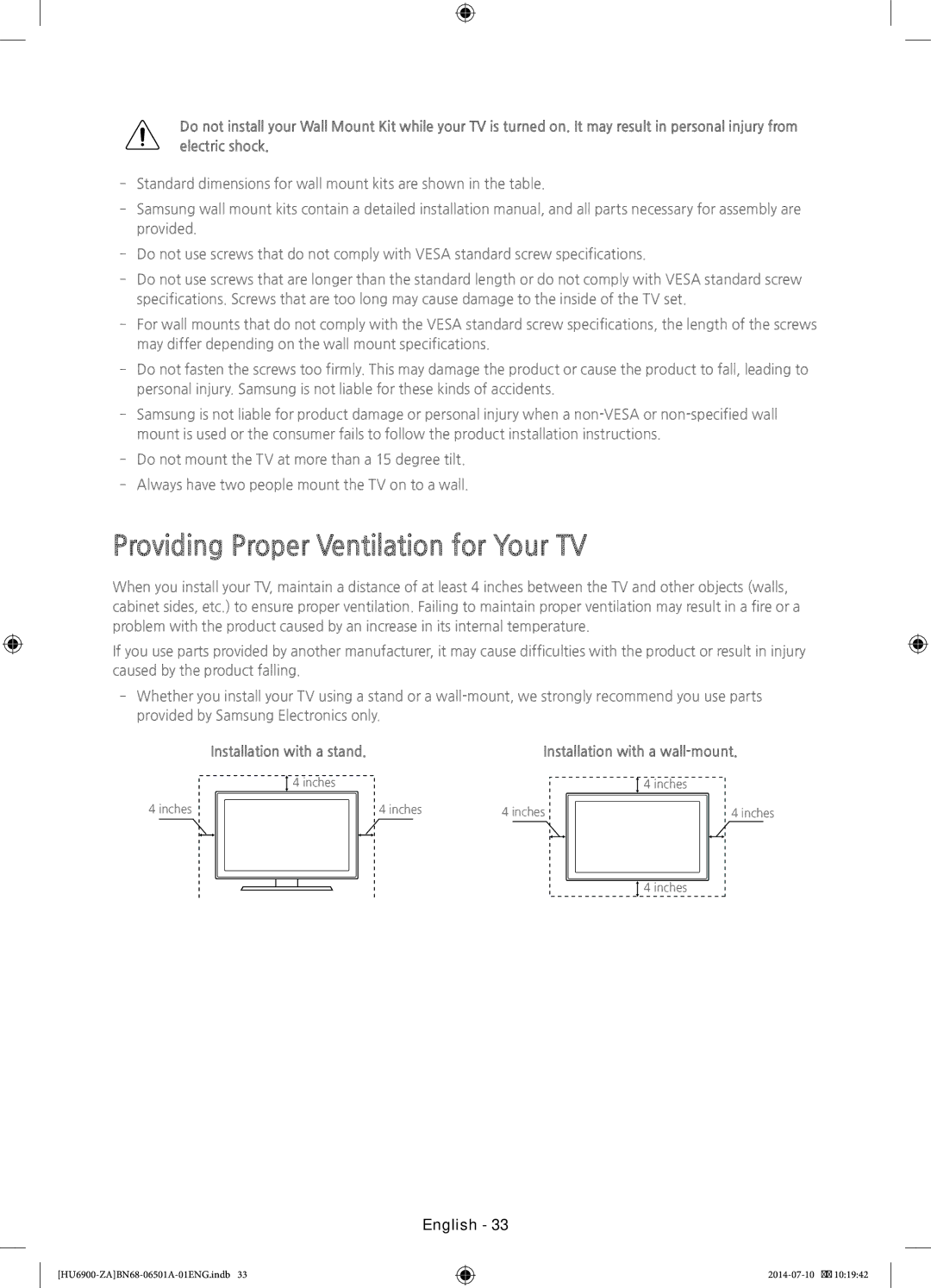 Samsung UN40HU6950, UN50HU6950 user manual Providing Proper Ventilation for Your TV, Installation with a stand 