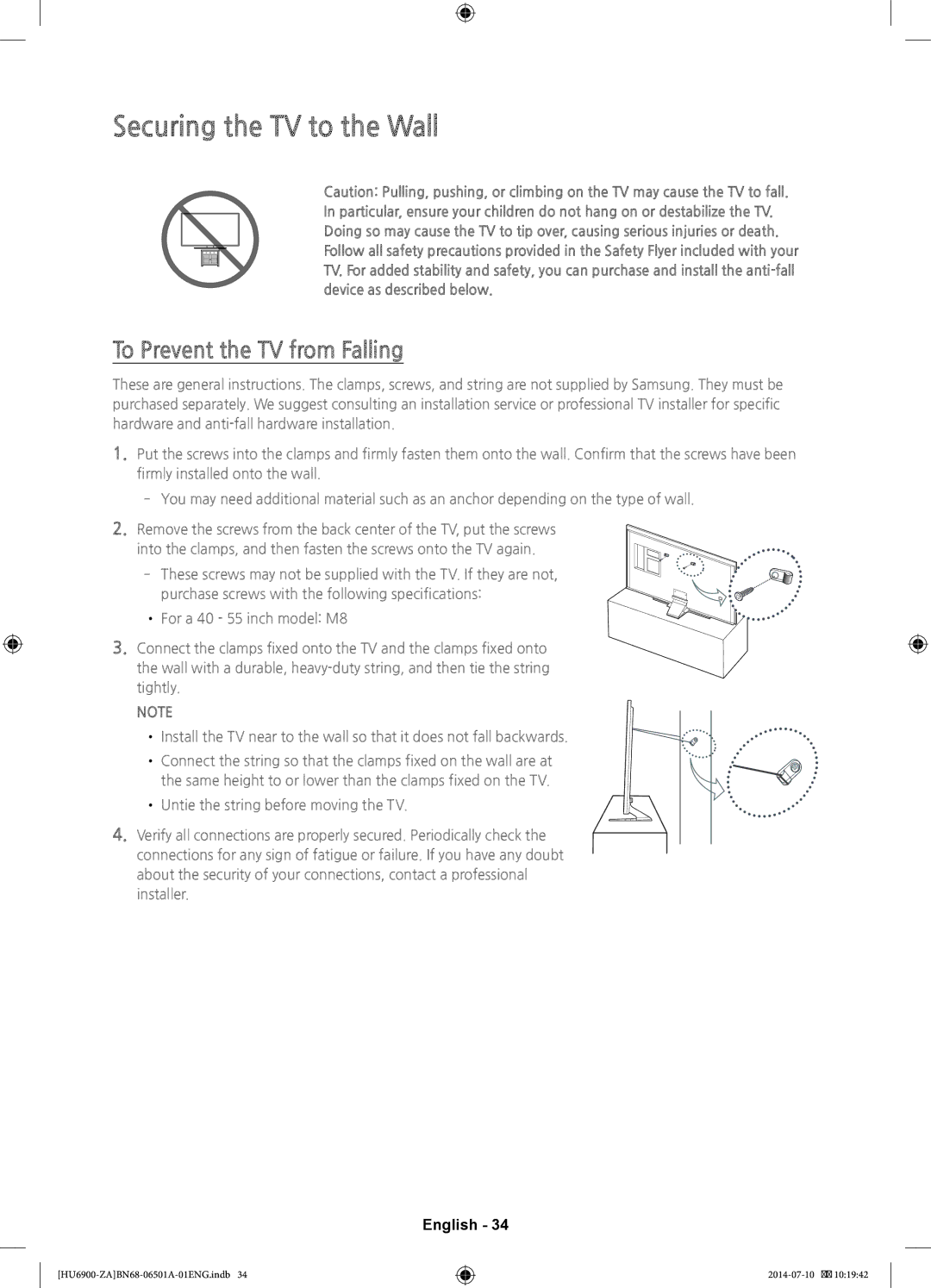 Samsung UN50HU6950, UN40HU6950 user manual Securing the TV to the Wall, To Prevent the TV from Falling 