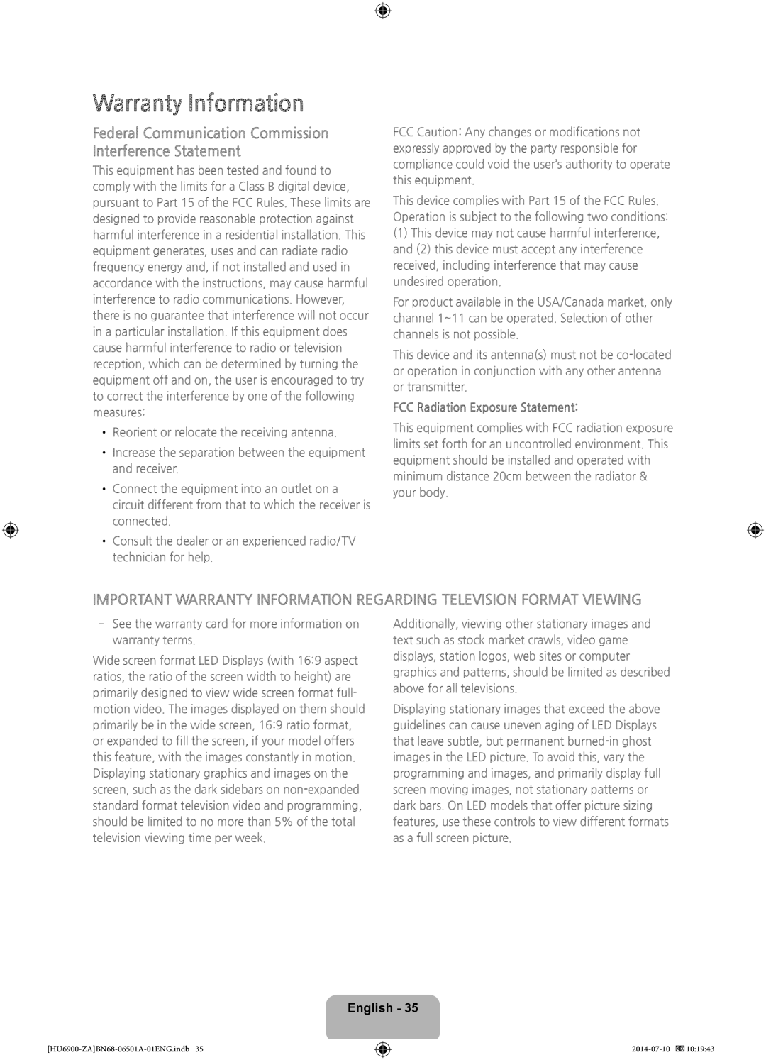 Samsung UN40HU6950, UN50HU6950 user manual Warranty Information, FCC Radiation Exposure Statement 