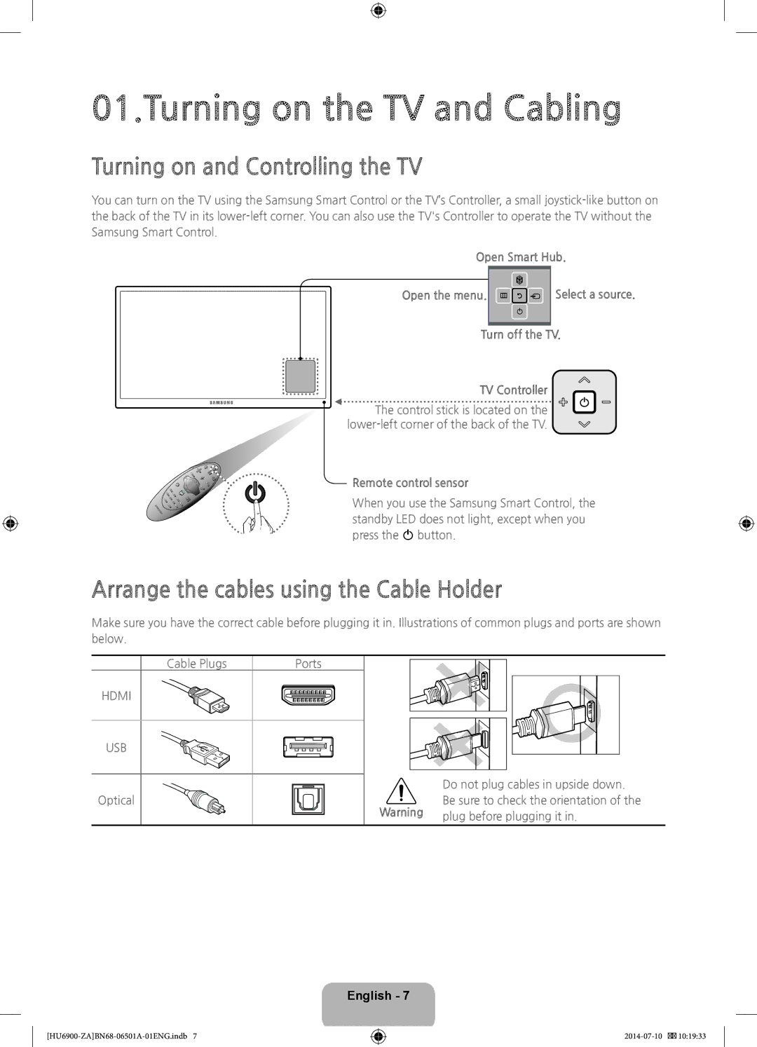 Samsung UN40HU6950 Turning on and Controlling the TV, Arrange the cables using the Cable Holder, Remote control sensor 