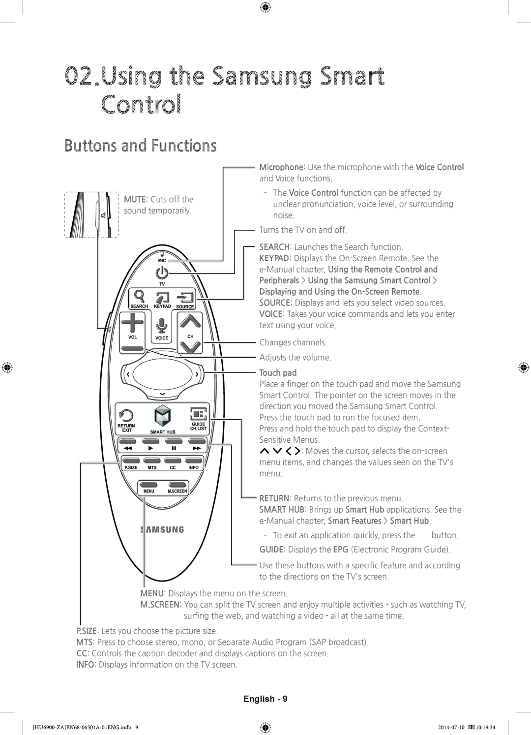 Samsung UN40HU6950, UN50HU6950 user manual Buttons and Functions, Touch pad, Manual chapter, Smart Features Smart Hub 