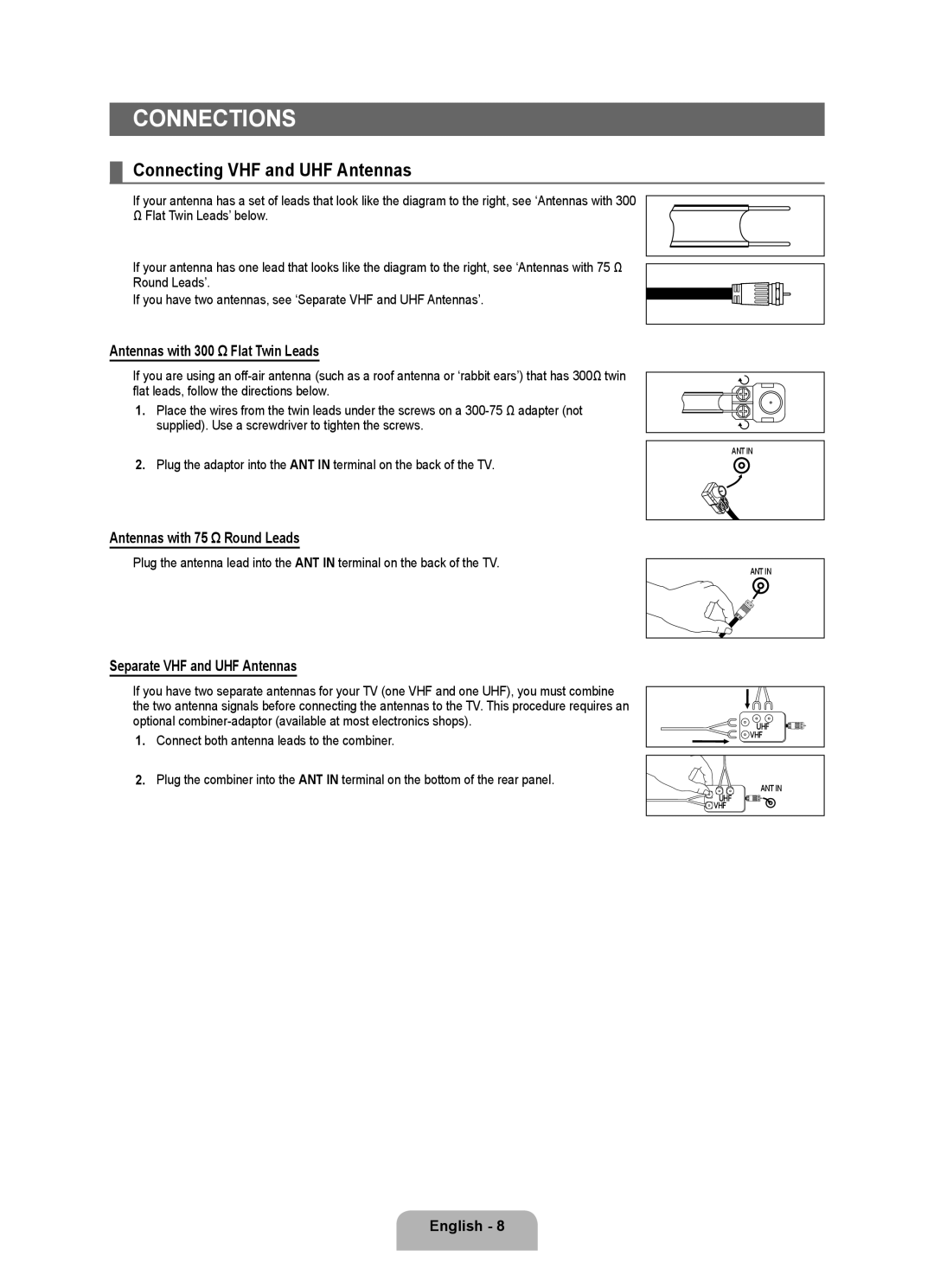 Samsung UN55B7000, UN55B7100, UN46B7100 Connections, Connecting VHF and UHF Antennas, Antennas with 300 Ω Flat Twin Leads 